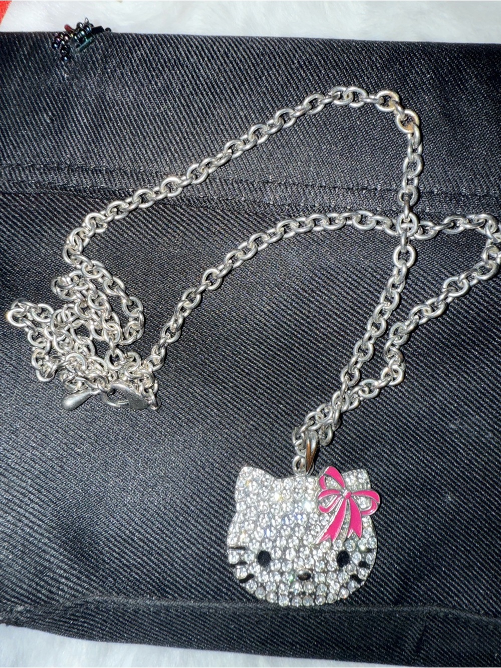 Hello Kitty Silver Crystal Pendant Necklace with Pink Bow Accent